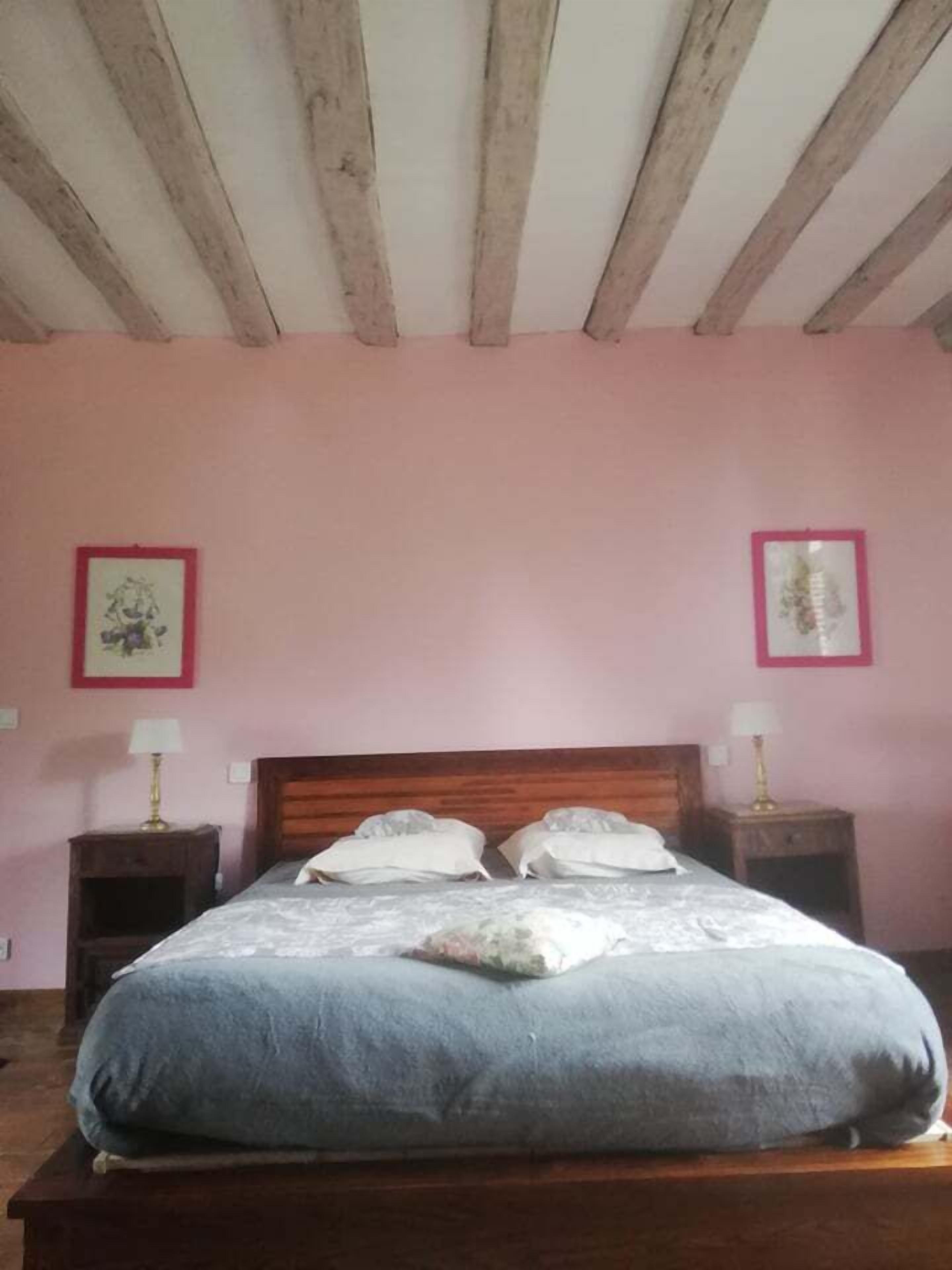 A bedroom with a wooden bed frame, two bedside tables with lamps, and pink walls.