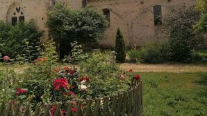 Eine Kirche mit einem hohen Kirchturm, ein Garten mit Blumen und ein Holzzaun.