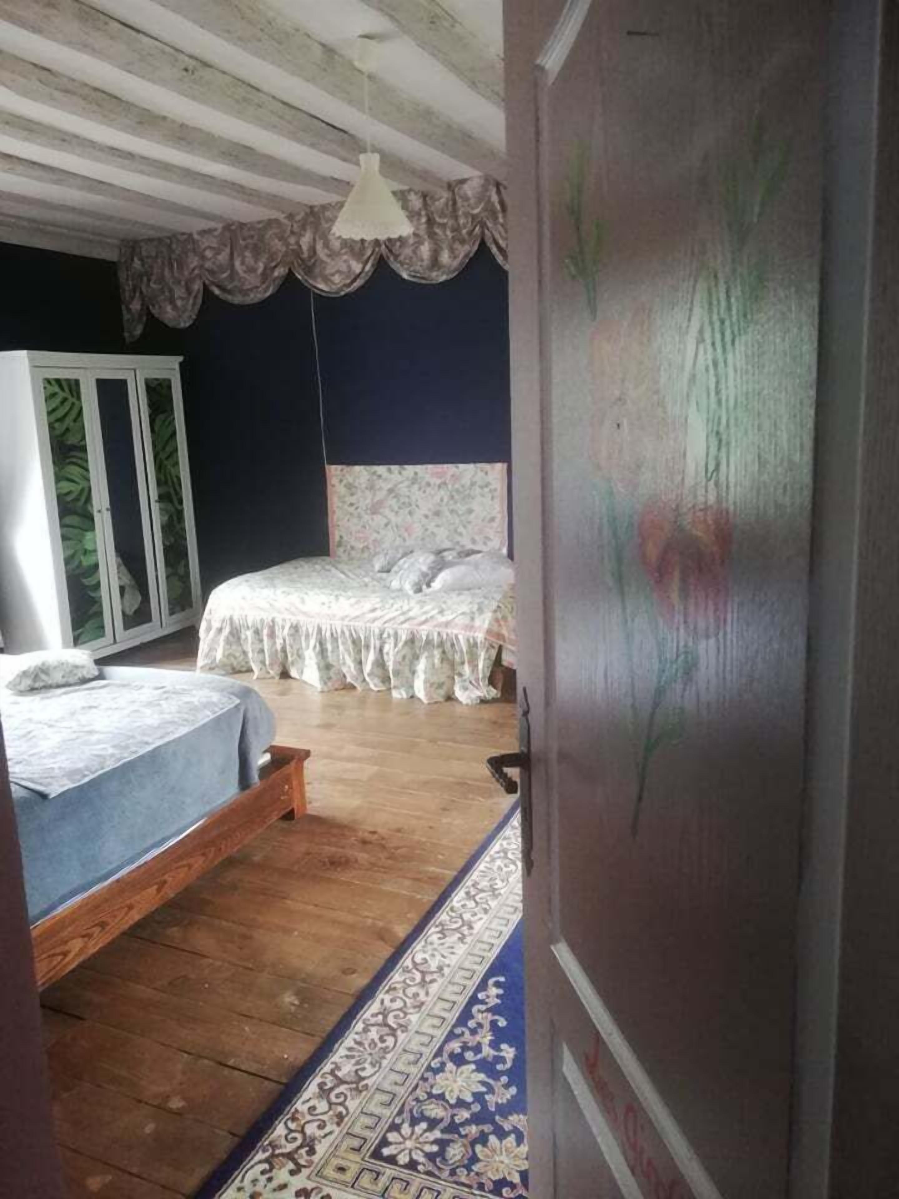 A bedroom with two beds, a wooden floor, a patterned rug, and a decorative door.