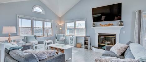 TV, fireplace, DVD player, books