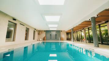An indoor swimming pool with clear blue tiles, a ceiling with skylights, and a view of palm trees through large windows.