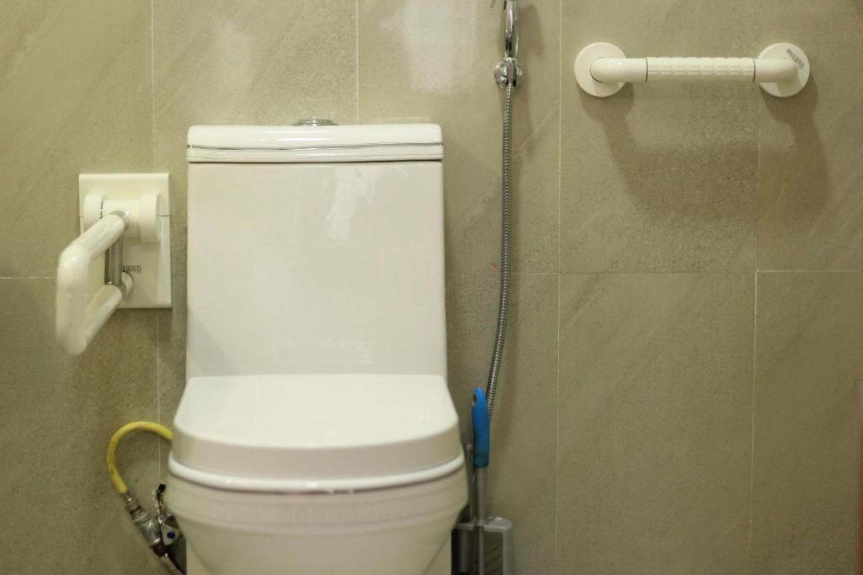A white toilet with a bidet attachment and a handheld showerhead.