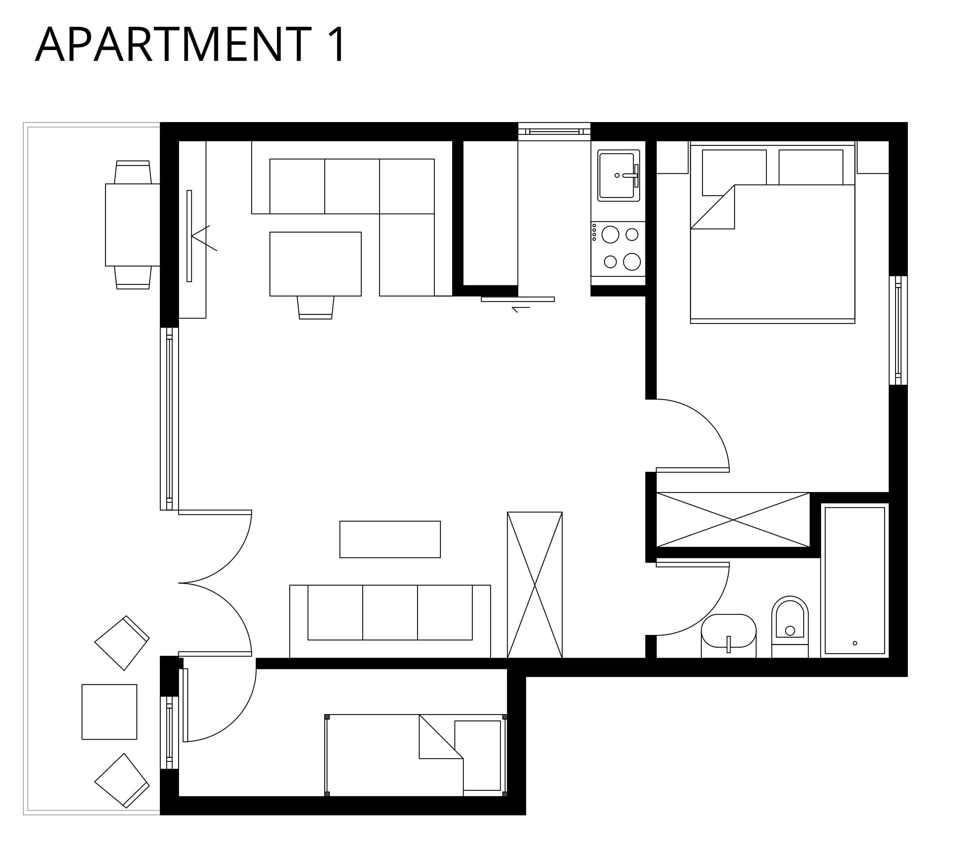 Un plan d’étage d’un appartement comprenant un salon, une cuisine, un coin repas et deux chambres.