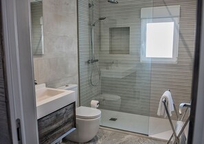 Douche, séchoir à cheveux, serviettes fournies, savon