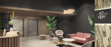 Eine moderne Lobby mit Empfangstresen, einer Sitzecke und einer großen Wand mit dem Schriftzug 'Palau'.