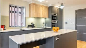 Deluxe Apartment | Private kitchen | Full-sized fridge, microwave, oven, stovetop