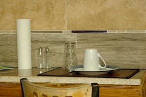 Fridge, microwave, coffee/tea maker, electric kettle
