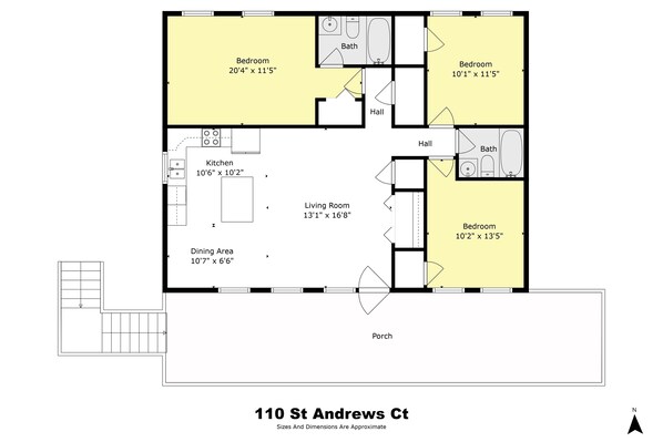 A floor plan of 110 St Andrews Ct with a living room, two bedrooms, a kitchen, a dining area, a bathroom, and a hall.