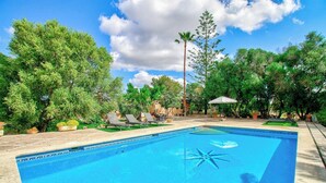 A swimming pool with lounge chairs and a palm tree. - Can Garbeta by Rentallorca (Manacor)
