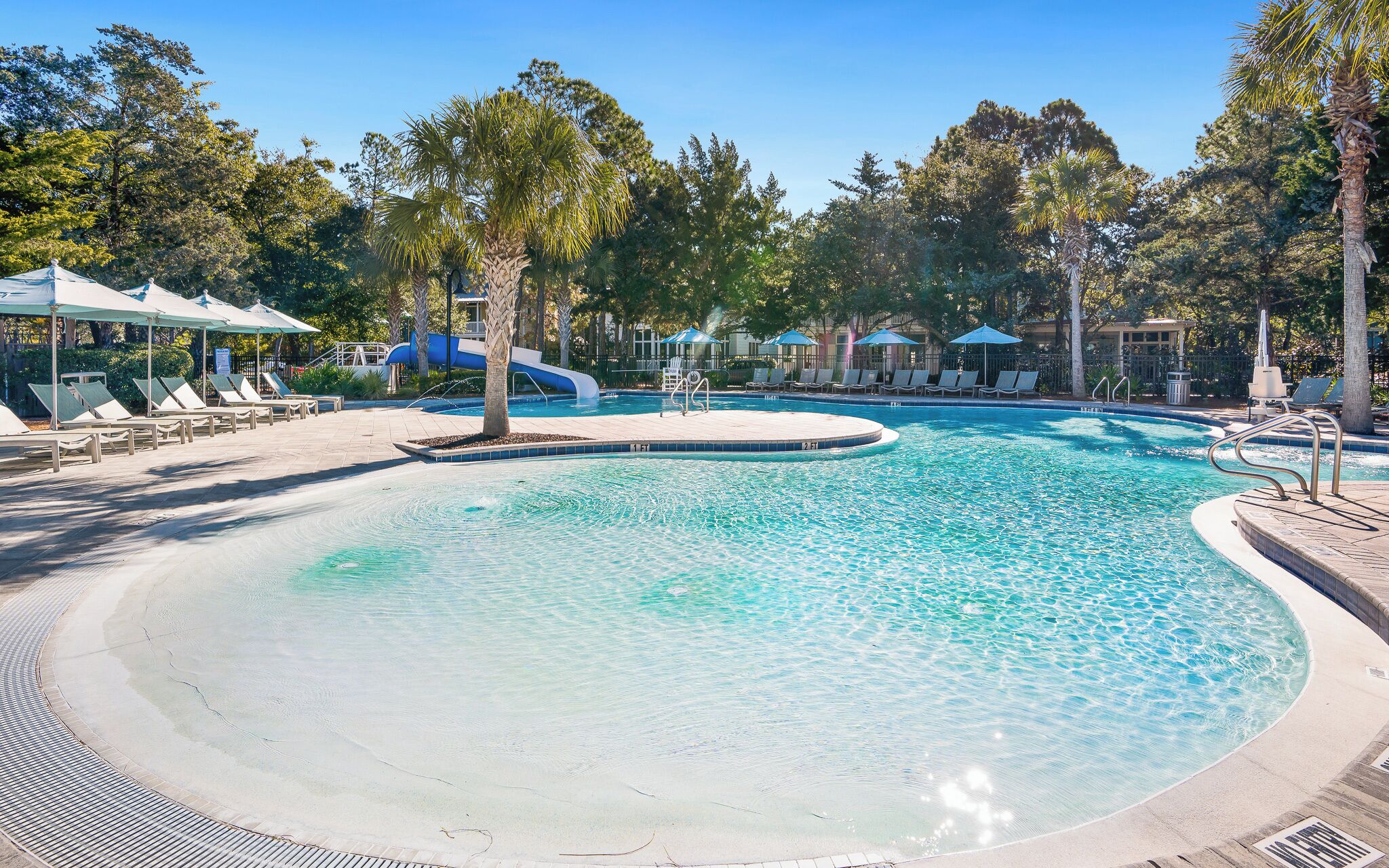 Une piscine entourée d’arbres, avec des chaises longues et des parasols.