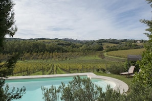 Piscina rodeada por paisagem de vinhedo, com vista para colinas ondulantes e uma aldeia ao longe.