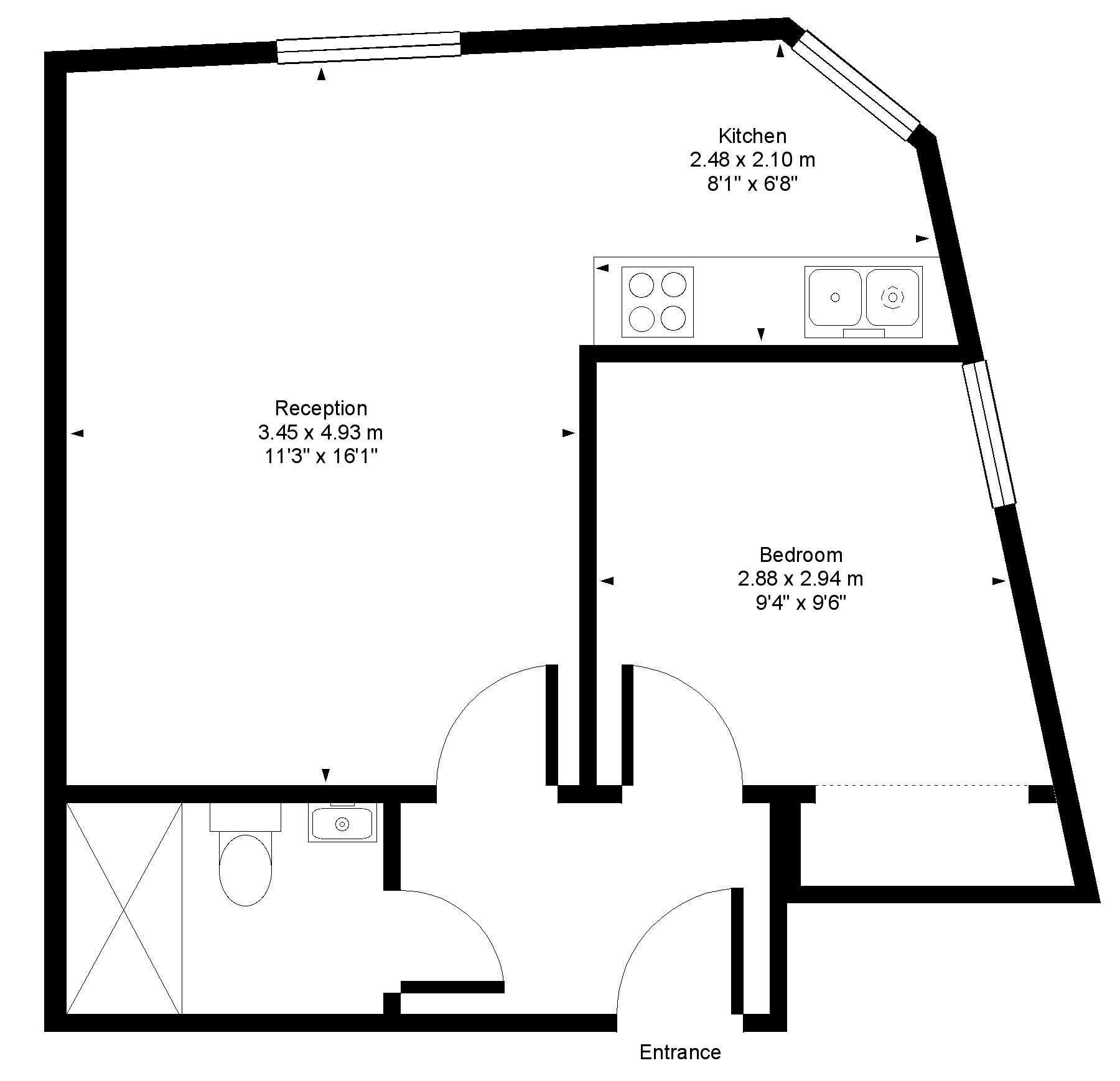 A floor plan with a reception area, kitchen, bedroom, and entrance.