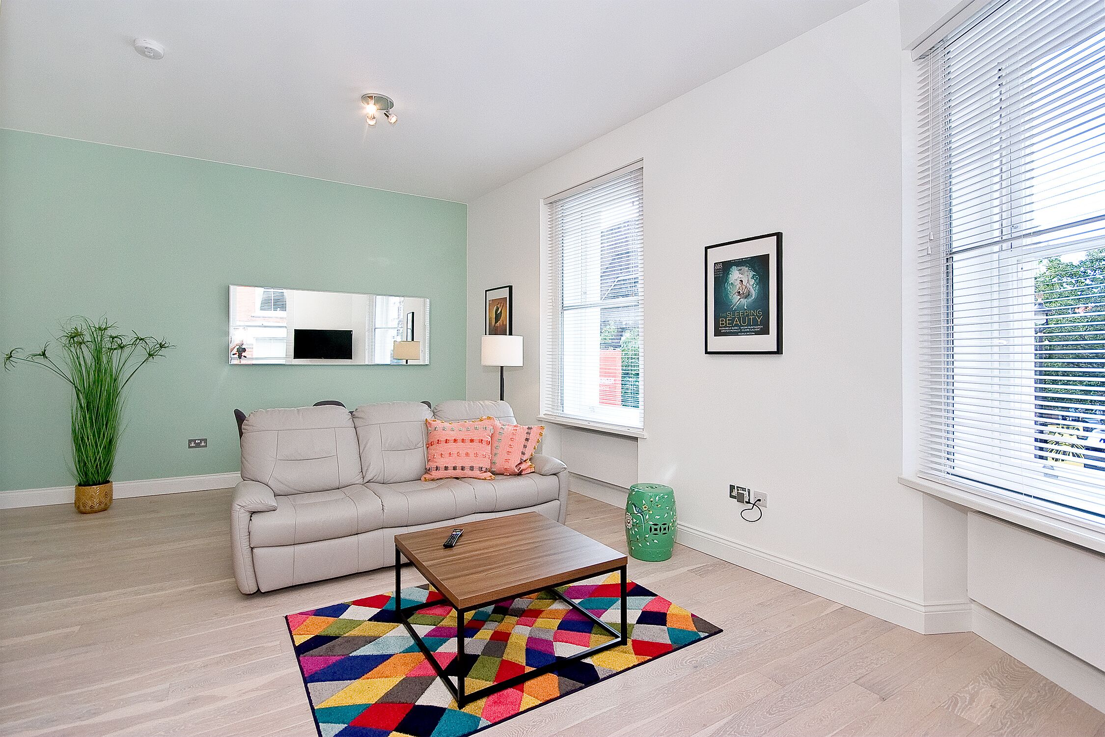 A modern living room with a sofa, a coffee table, a colorful rug, a potted plant, and a large window with blinds.