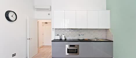 Interlude House Flat B | Private kitchen | Full-size fridge, coffee/tea maker, electric kettle