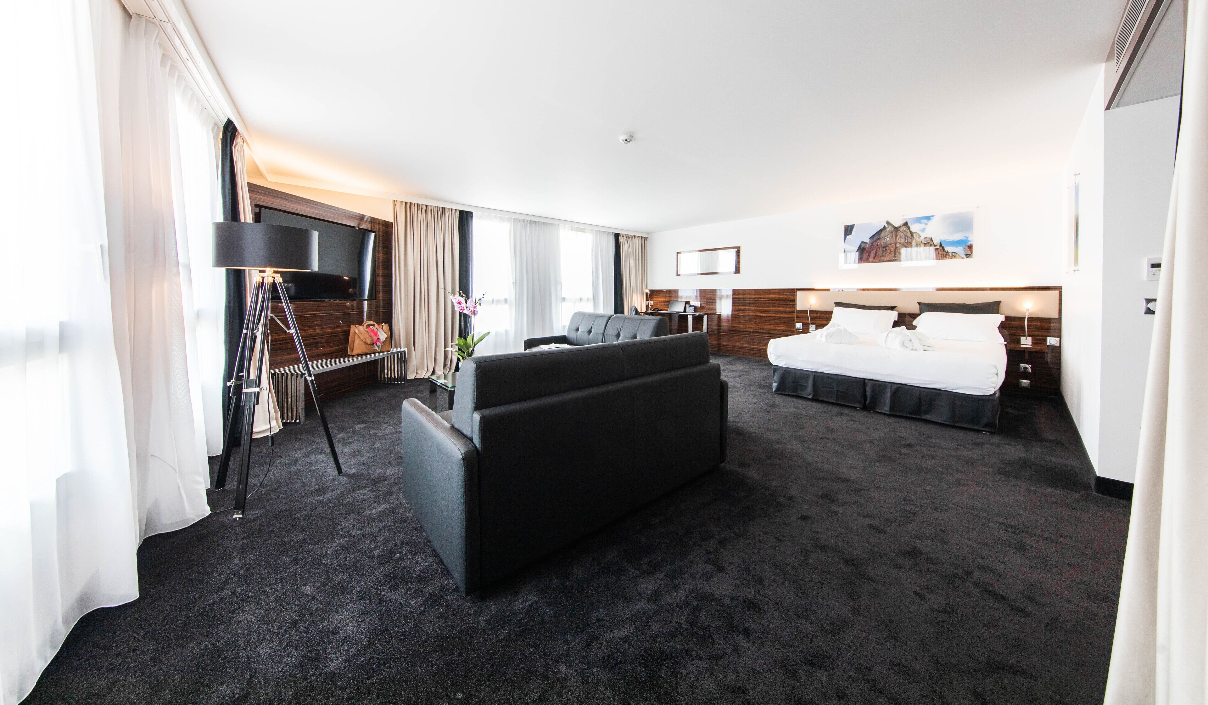A hotel room with a large bed, a sofa, a desk, and a television.