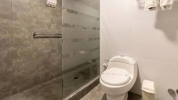 Hair dryer, towels, soap, shampoo