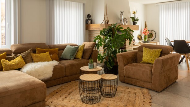 A living room with a brown sofa, two wooden side tables, a coffee table, and a large potted plant.