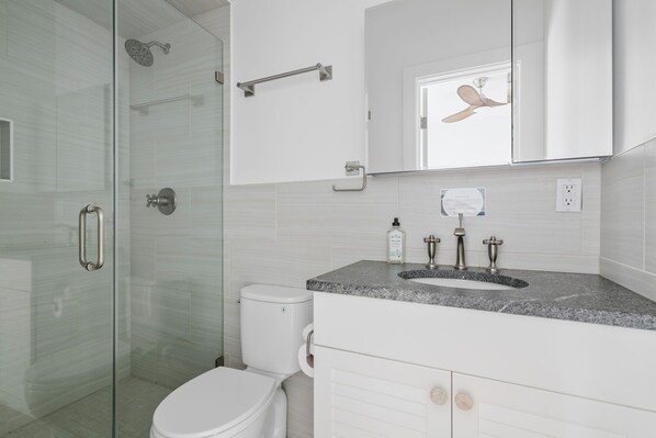 A modern bathroom with a glass shower enclosure, a toilet, a sink with a mirror above, and a ceiling fan.