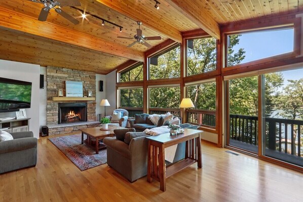 TV, fireplace, offices - Spacious, Upscale Whitewater Lake Home |200+ Ft of Lake Frontage |Swim Deck |Docks |Screened Porch (Whitewater)