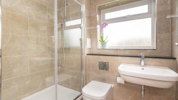 Shower, hair dryer, towels