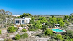 A modern villa with a pool, surrounded by dense greenery and a clear blue sky. - Superb villa with pool and 180° sea view (Torre Pali)