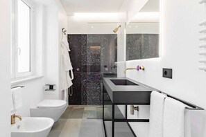 Douche, sèche-cheveux, bidet, serviettes fournies