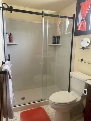 Combined shower/tub, hair dryer, towels, soap