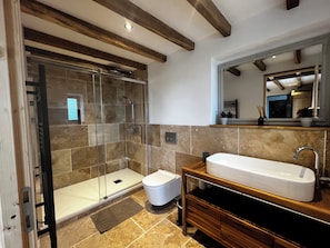 Combined shower/tub, hair dryer, towels