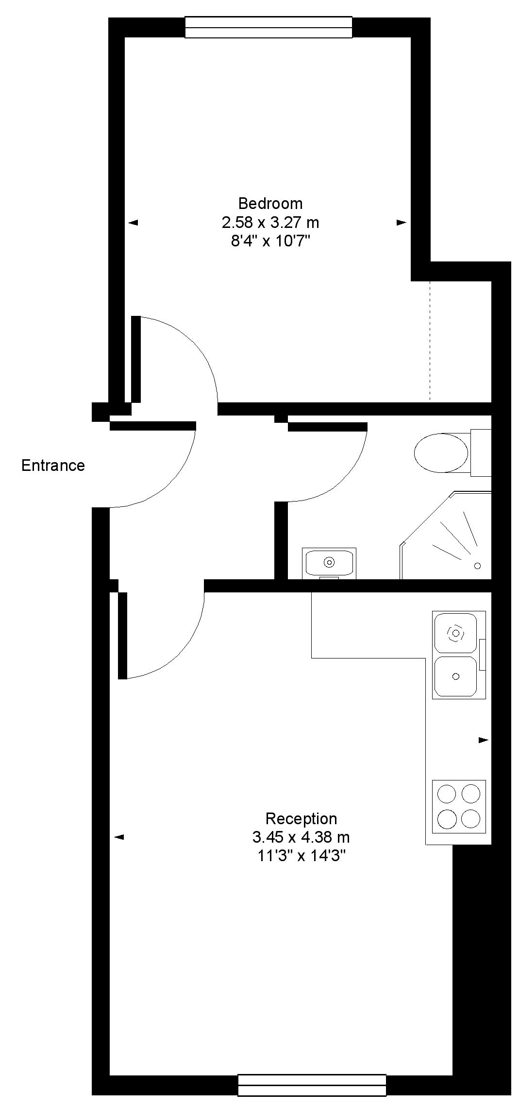 A floor plan with a bedroom measuring 2.58 x 3.27 m (8'4" x 10'7"), an entrance, and a reception area measuring 3.45 x 4.38 m (11'3" x 14'3").