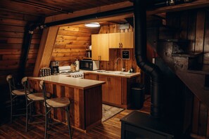 Fridge, microwave, oven, stovetop - Slope-Side Bliss: A-Frame Haven with Private Hot Tub (Sleeps 7) (Vernon)