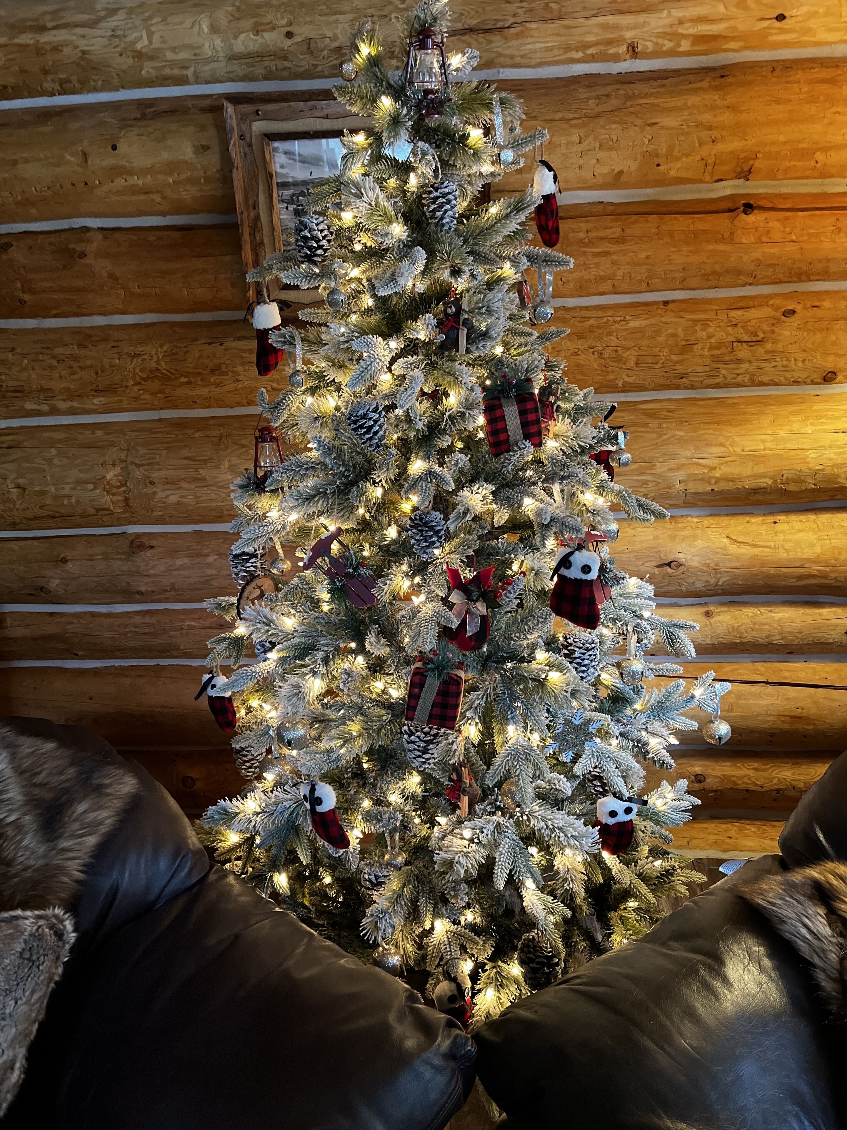A Christmas tree with lights and ornaments in a log cabin interior.