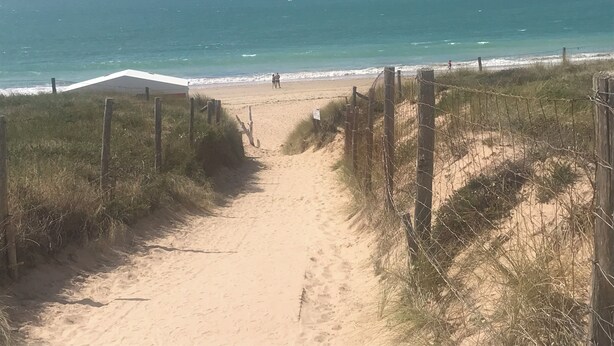 Ein sandiger Küstenweg führt zum Meer, begrenzt von Holzzäunen und Vegetation.
