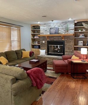Smart TV, fireplace, books