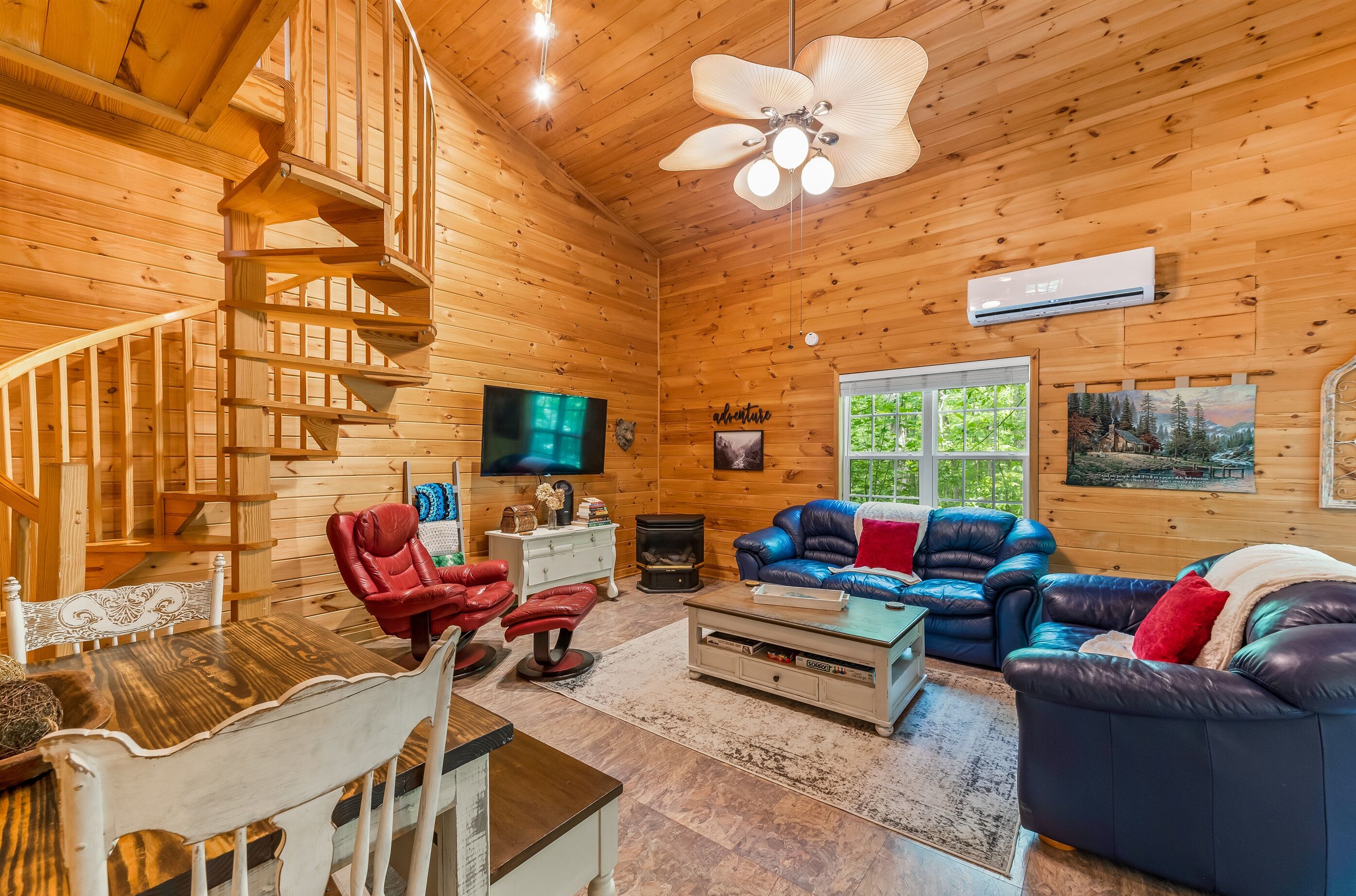 Smart TV, fireplace, Hulu, books