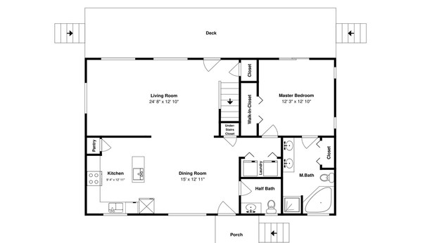 Planta baixa de um quarto de hotel que inclui sala de estar, quarto principal, sala de jantar, cozinha e banheiro.