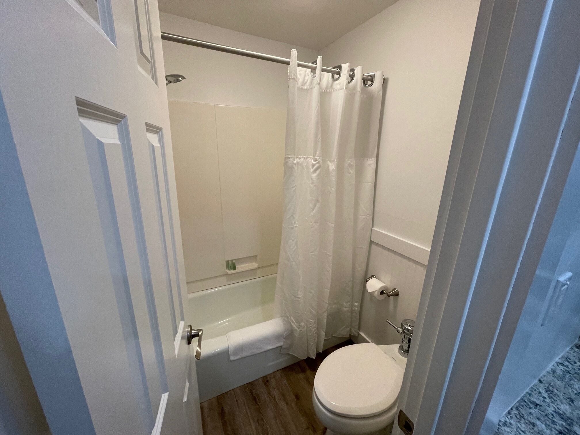 A bathroom with a shower, toilet, and a door leading to another room.