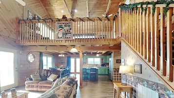 Cabin, Multiple Beds, Patio | Living area | TV, fireplace, heated floors