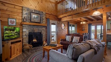 Cabin, Multiple Beds, Patio | Living area | TV, fireplace, heated floors