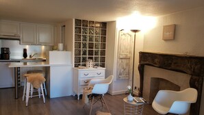 Un espace de vie compact comprenant une kitchenette, une cheminée et des meubles modernes.