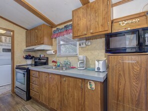 Cabin, Multiple Beds, Patio | Private kitchen | Fridge, microwave, oven, stovetop