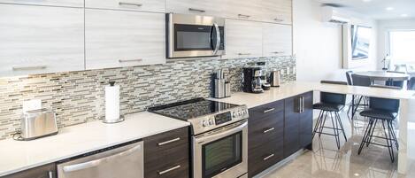 Fridge, microwave, oven, dishwasher