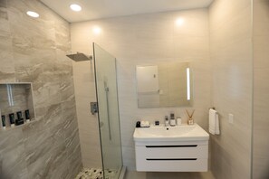 Shower, hair dryer, towels