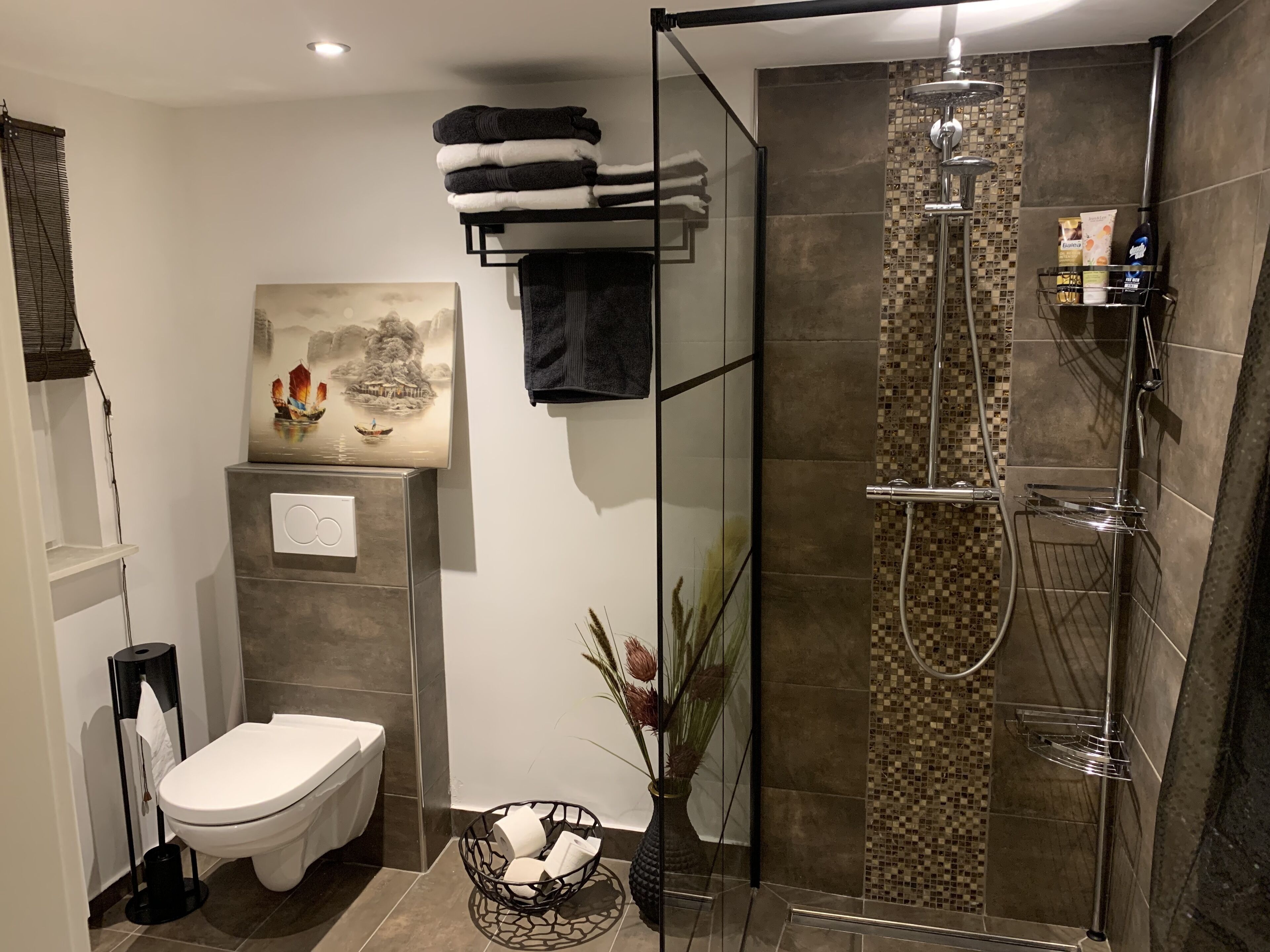 Een douche, een haardroger, handdoeken, toiletpapier