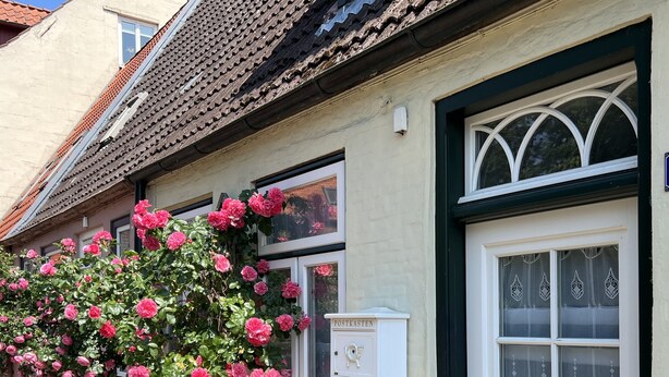 A building with a traditional facade, a window with a decorative white frame, and a door with a geometric design. - Beautiful vacation home directly on the canal (Friedrichstadt)