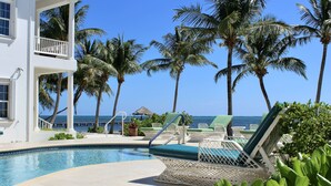 A poolside area with lounge chairs, palm trees, and a view of the ocean. - Tara Del Sol (San Pedro)