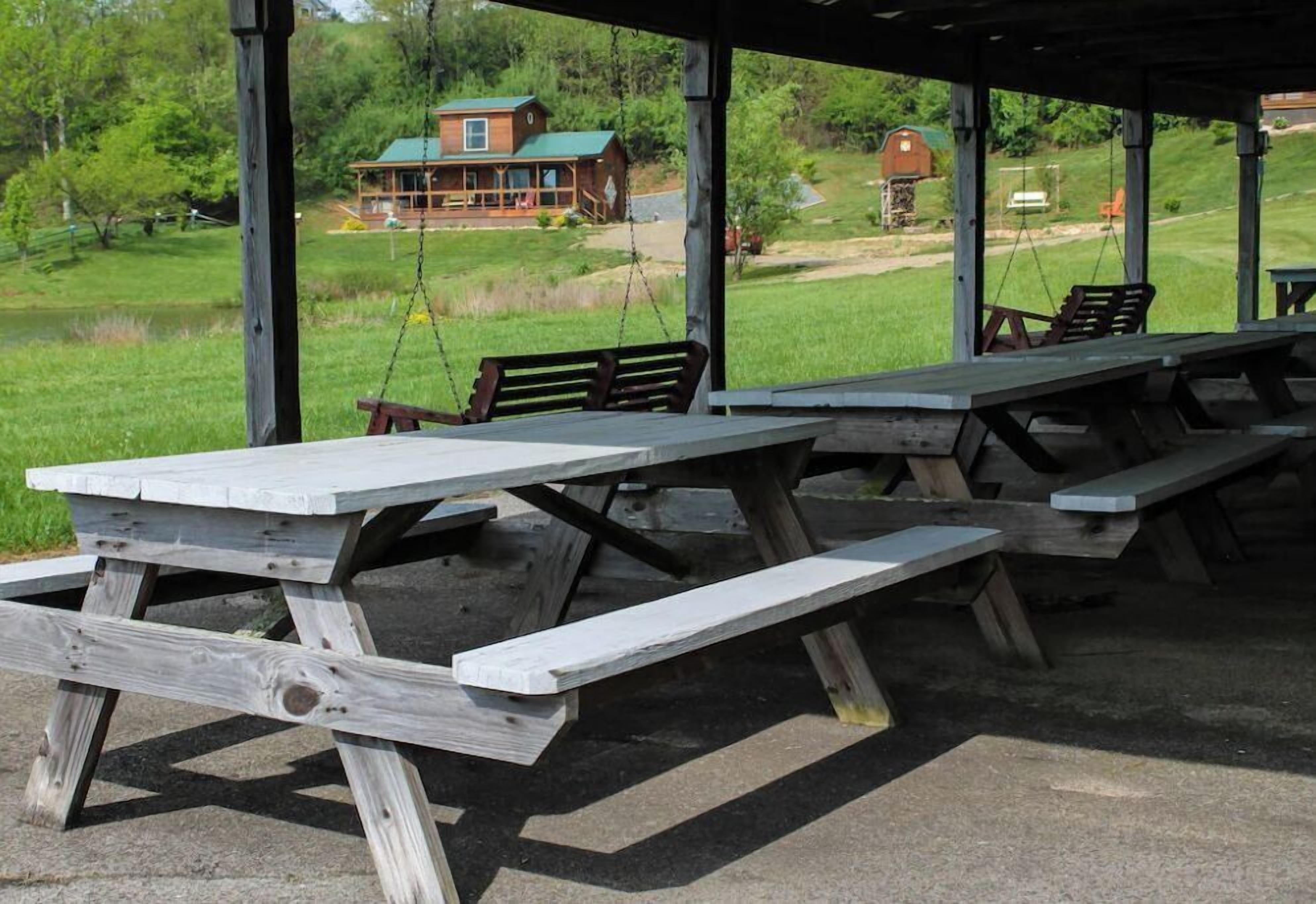 A covered picnic area with picnic tables and benches, set against a backdrop of a green landscape and a wooden cabin.
