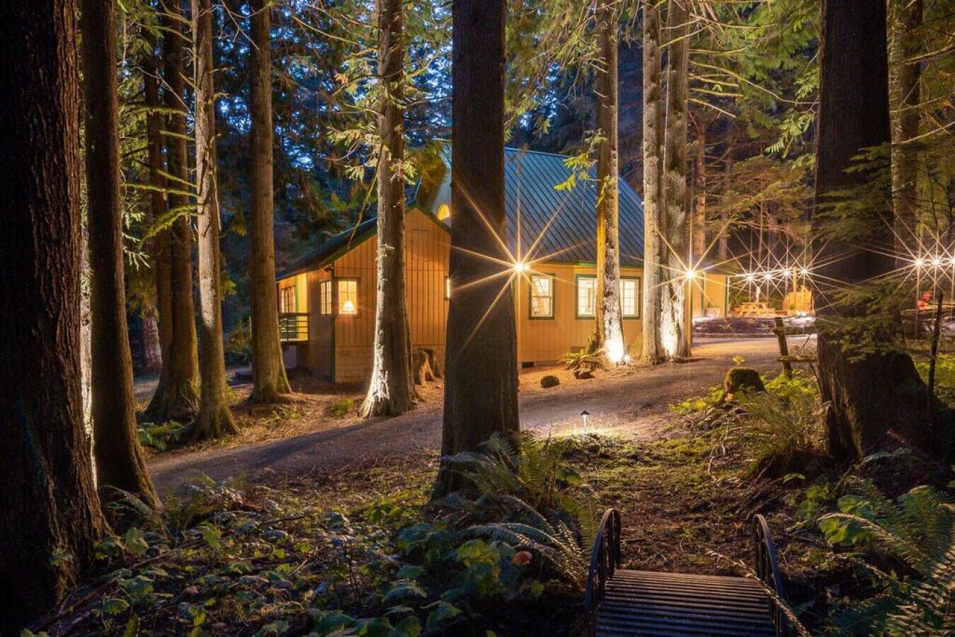 A cabin in a forest with a dirt path leading to it, surrounded by tall trees and illuminated by exterior lights.