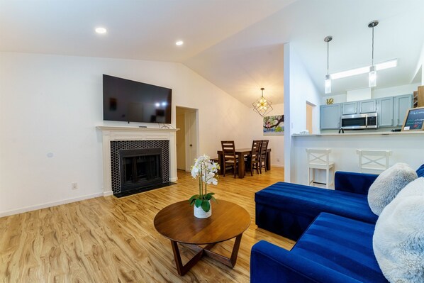 Smart TV, fireplace, books