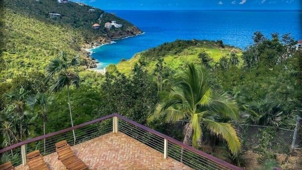 Une vue sur la côte, avec une terrasse dallée, des palmiers et un ciel bleu dégagé.