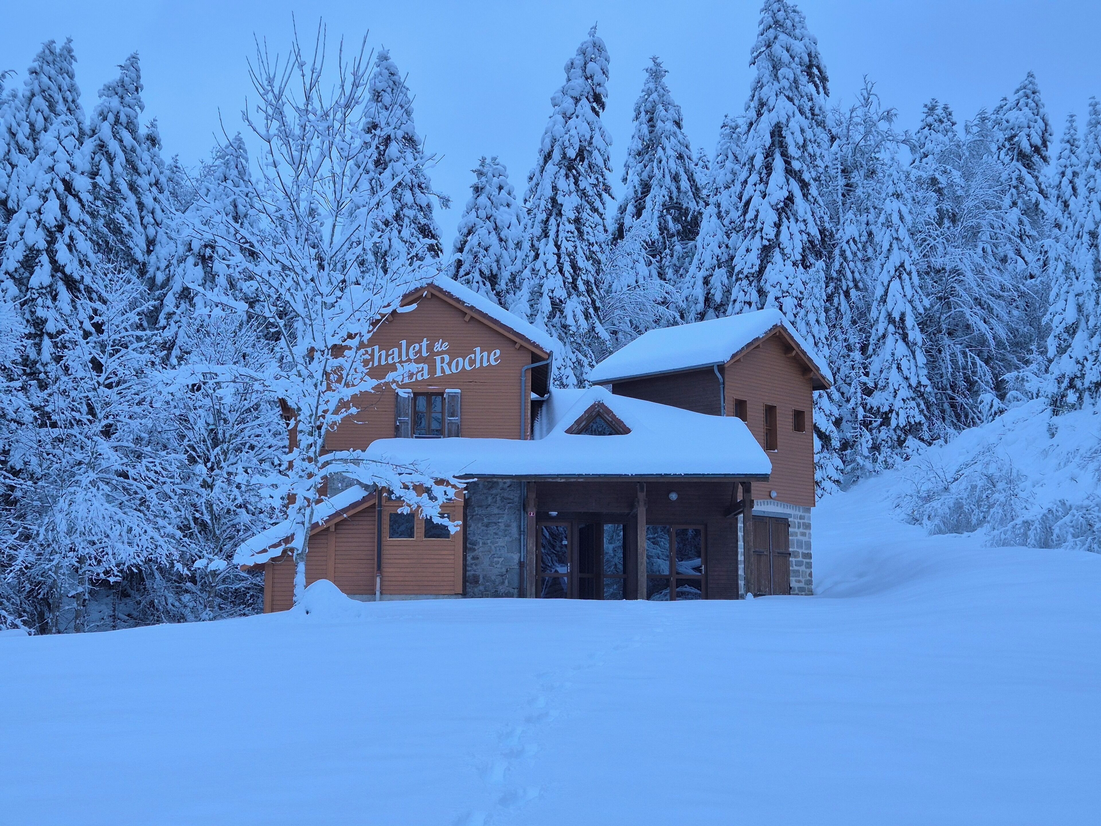 Ein Chalet namens "Chalet de la Roche", umgeben von schneebedeckten Bäumen.